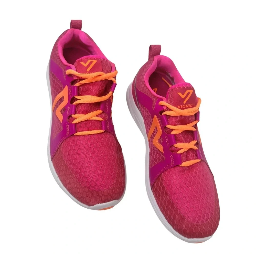 Vionic Walking Shoes Womens Size 7 Wide Pink Orange Mesh Comfort Sneakers